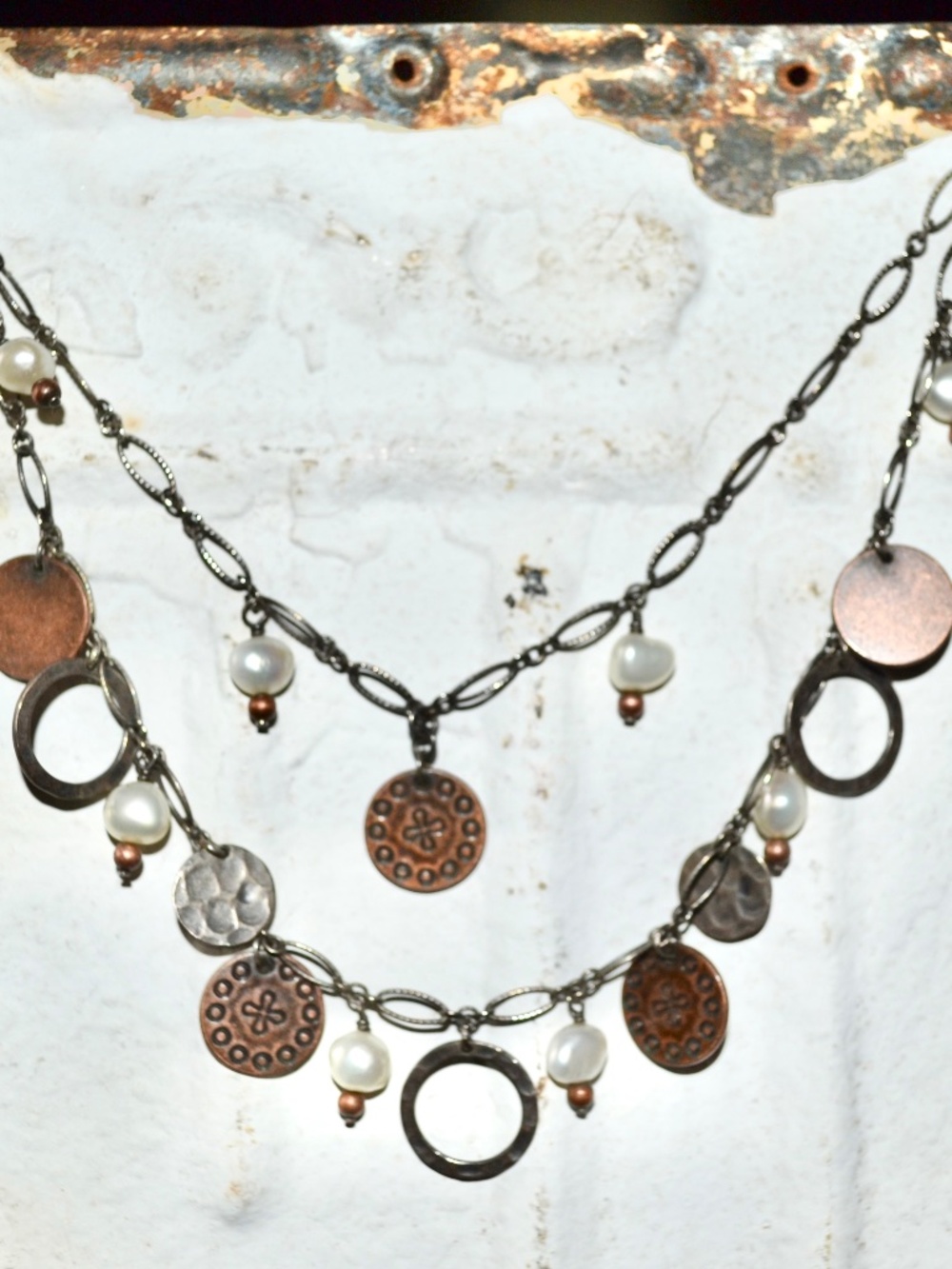 Silpada Sterling Fresh Water Pearl & Copper Coin Necklace Double Layer